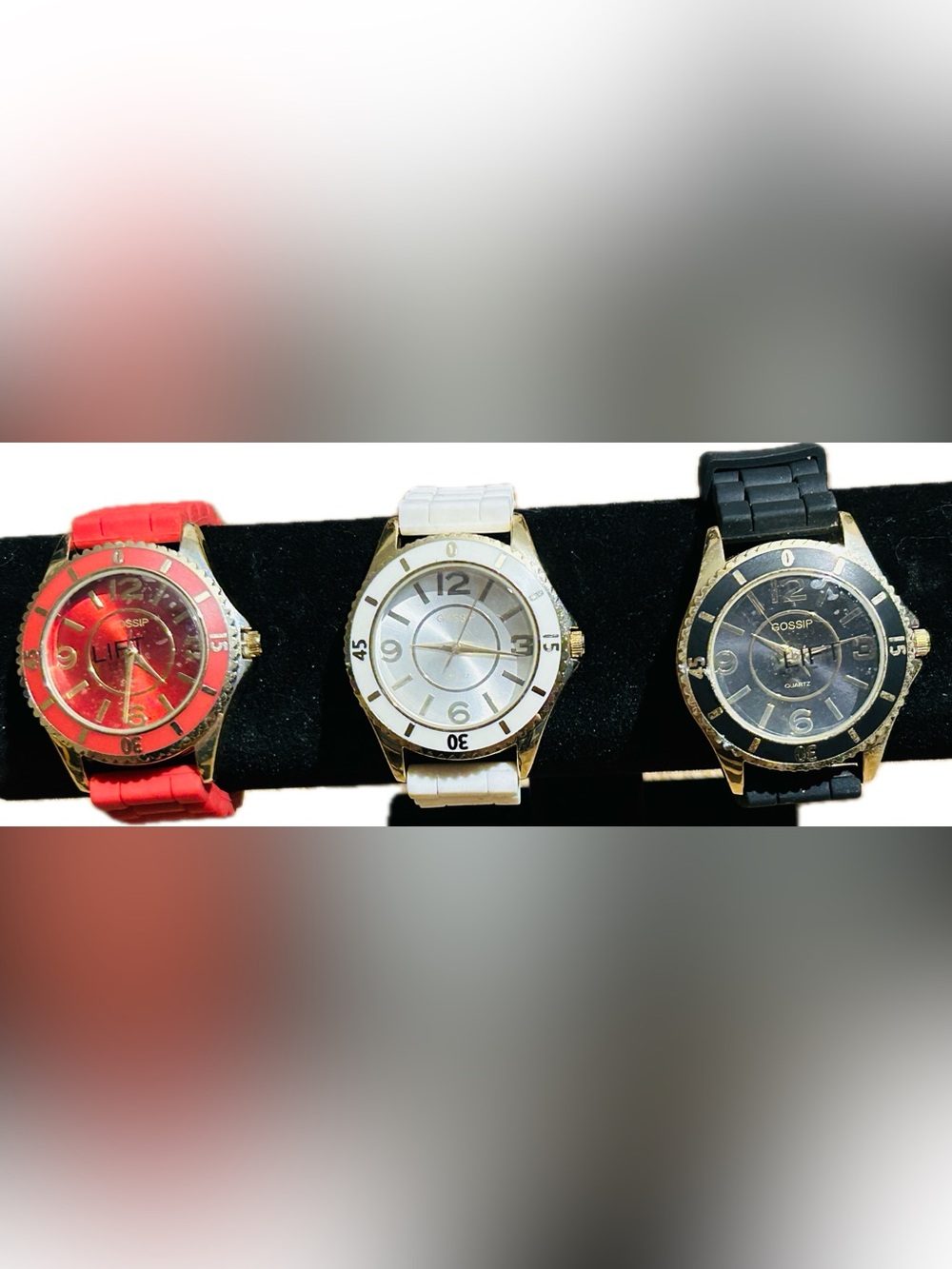 NWOT GOSSIP Quartz Women's Analog Watches - Red, White, Black Silicone Bands